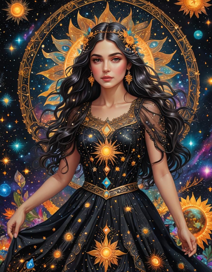Woman in Starry Dress: Cosmic Illustration