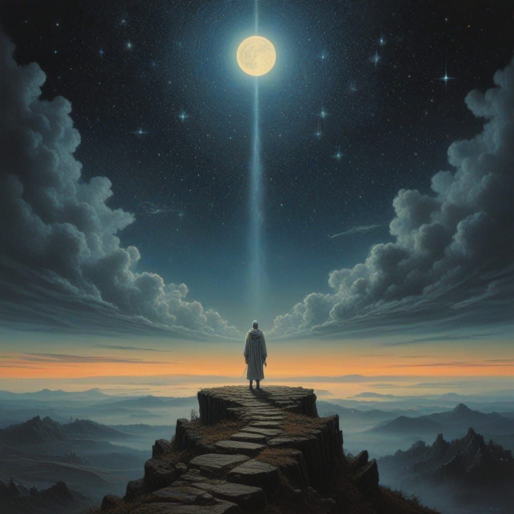 Ethereal Figure Steps into Infinity Against Starry Night Sky