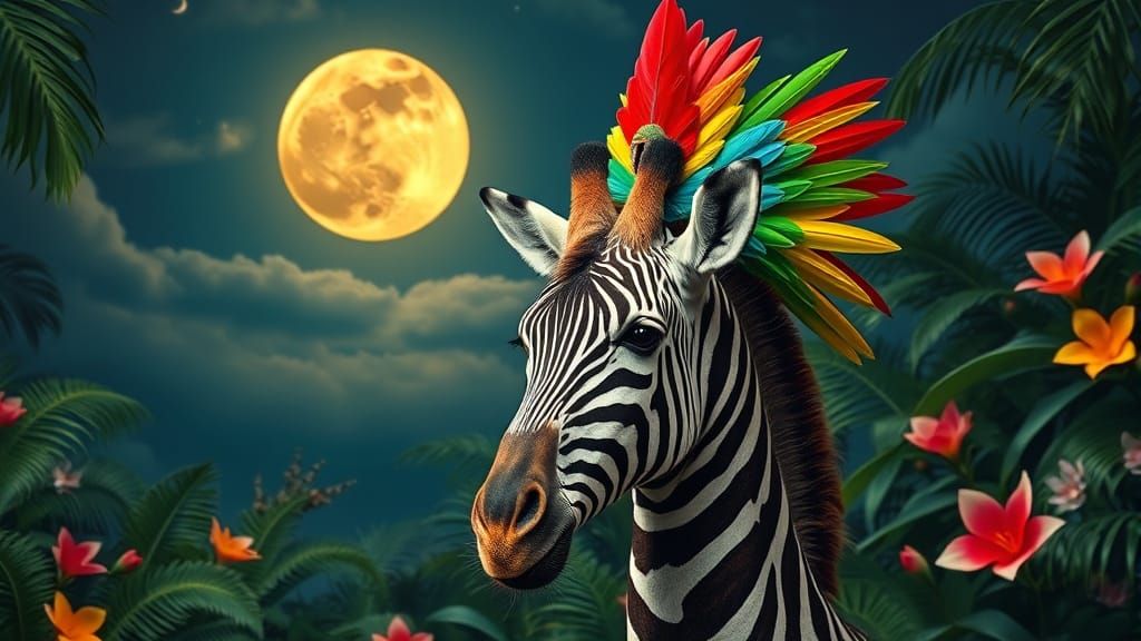 Giraffe-Zebra-Parrot Hybrid in Jungle