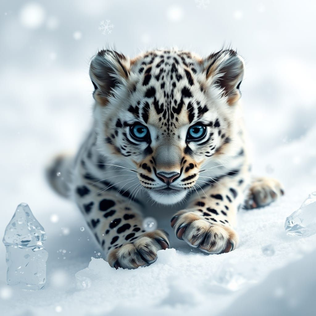 Enchanting Snow Leopard Cub in Surreal Winter Wonderland