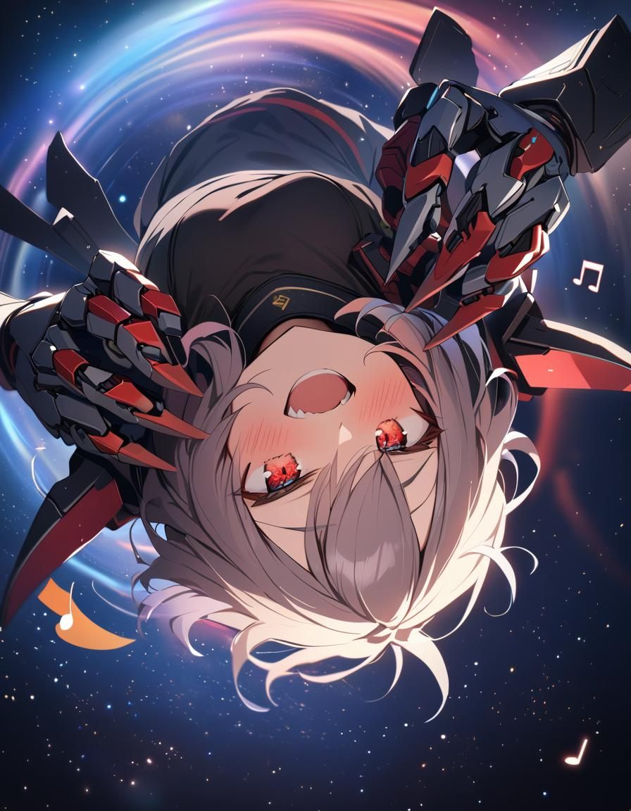Mechanical Oni Girl Laughing in Starry Galaxy