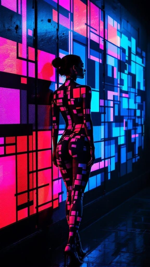Electric Dreamscape Unveiled: A Woman's Neon Silhouette