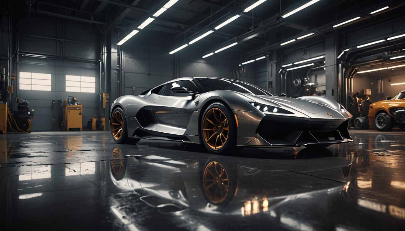 Futuristic Car in Dimly Lit Garage