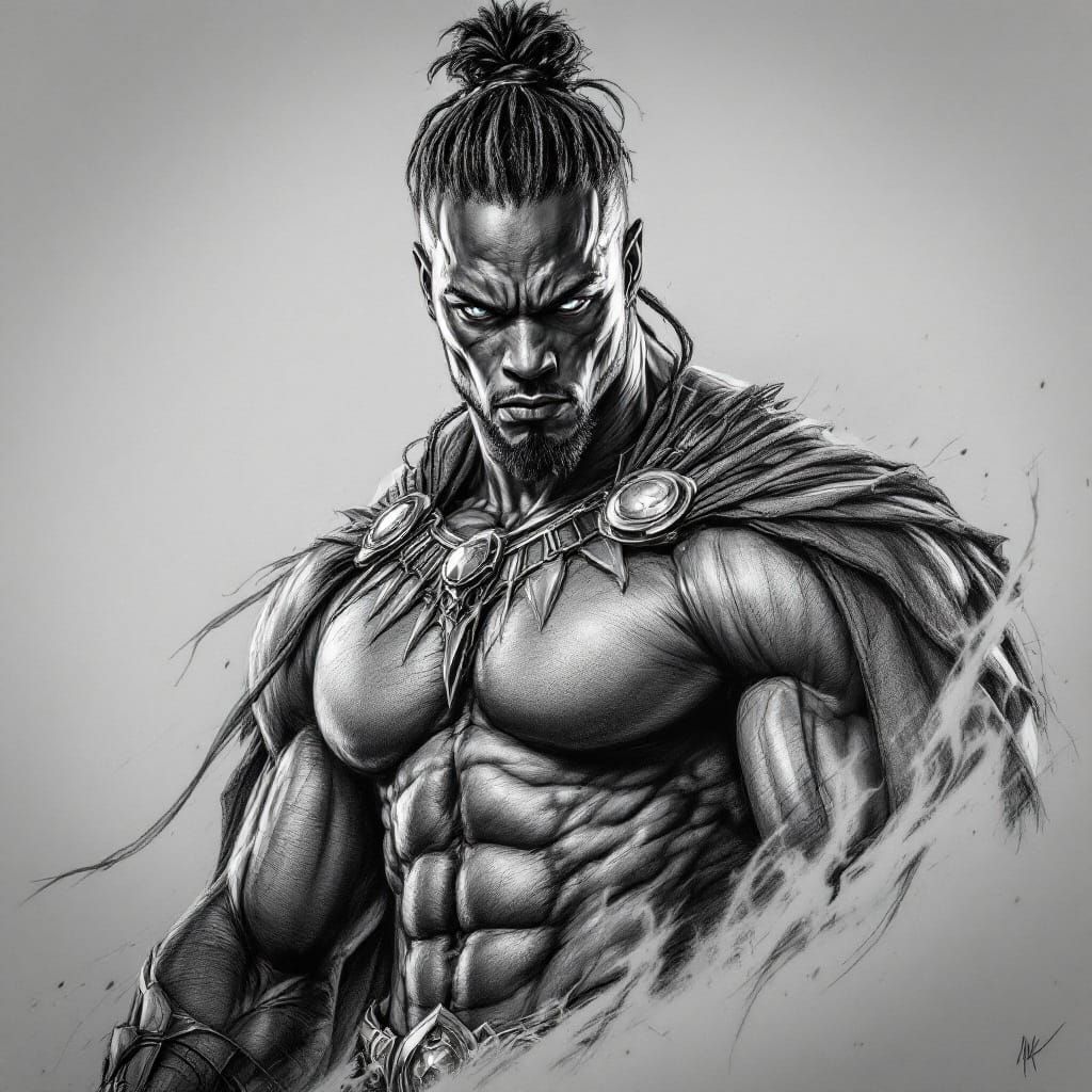 Solemn Wakanda Warrior in Detailed Pencil Sketch