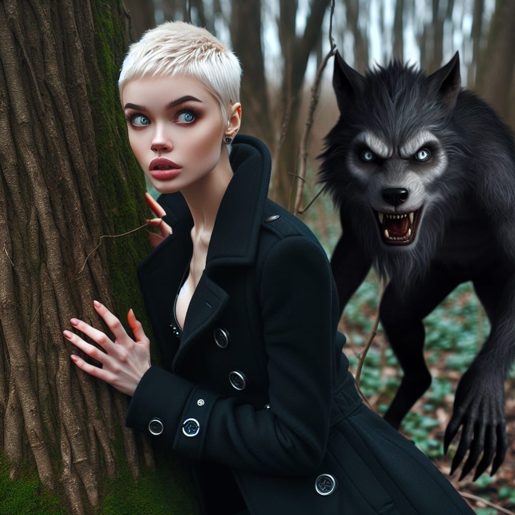 Punk Woman Hiding from Werewolf in Woods
