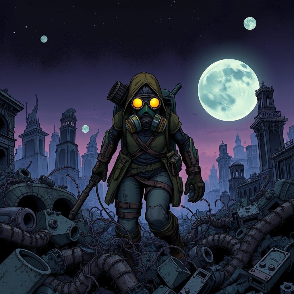 Post-Apocalyptic Warrior in Ruined City