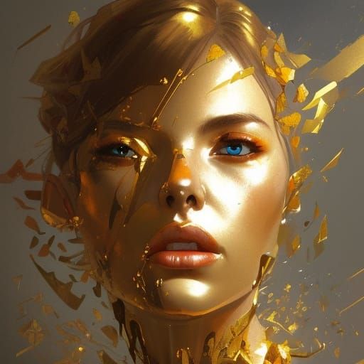 Golden Woman's Screaming Portrait in Hyperdetailed Style