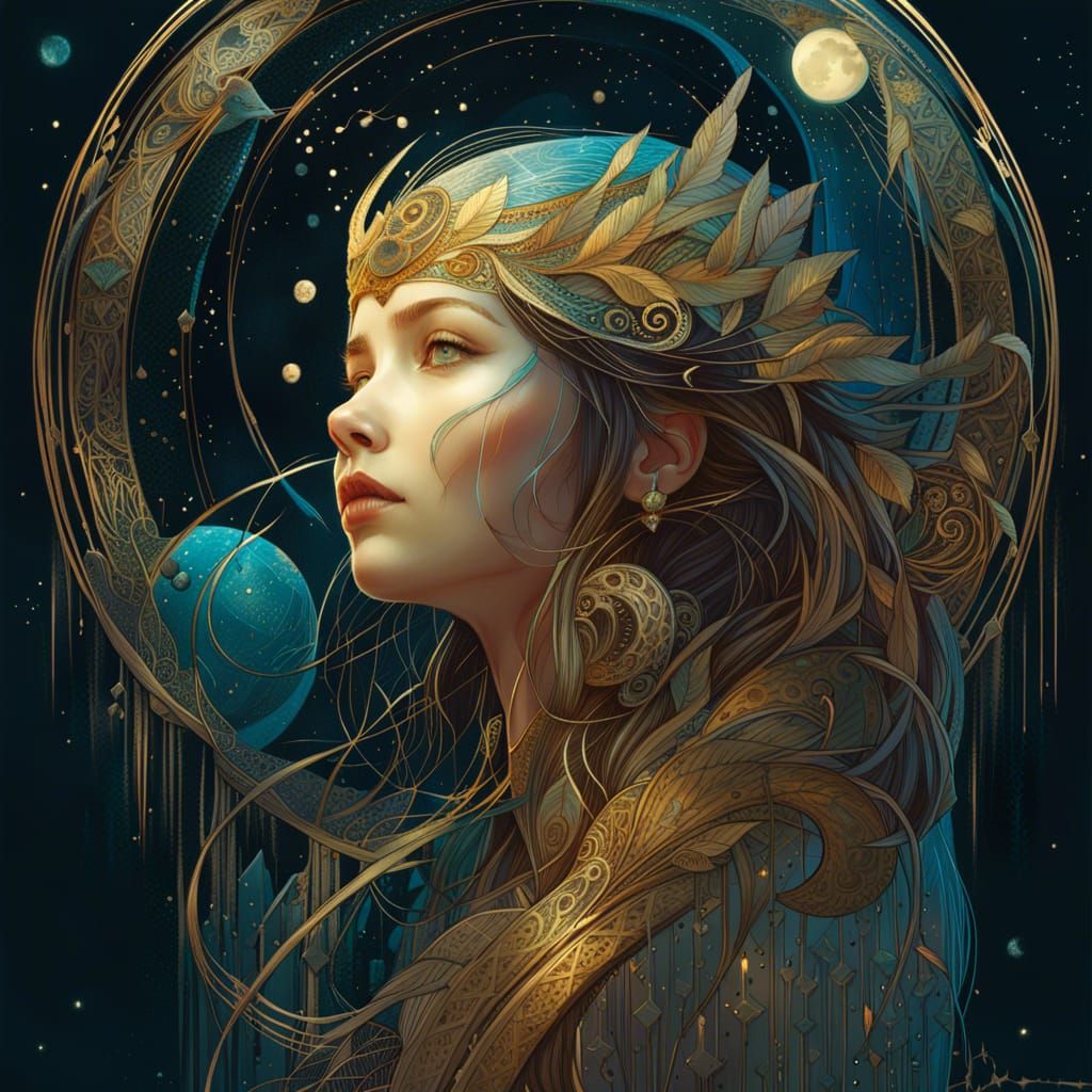 Bioluminescent Moon Goddess with Golden Outlines