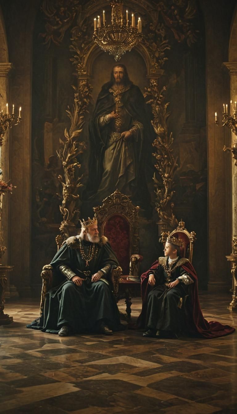 A king passing his crown to his son in a lavish throne room,