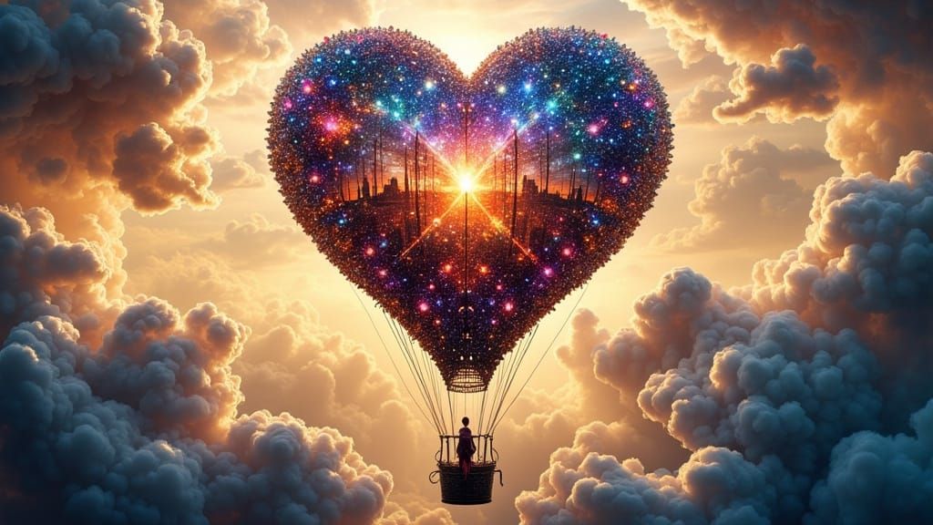 Beaded Heart Hot Air Balloon in Vibrant Ink Style