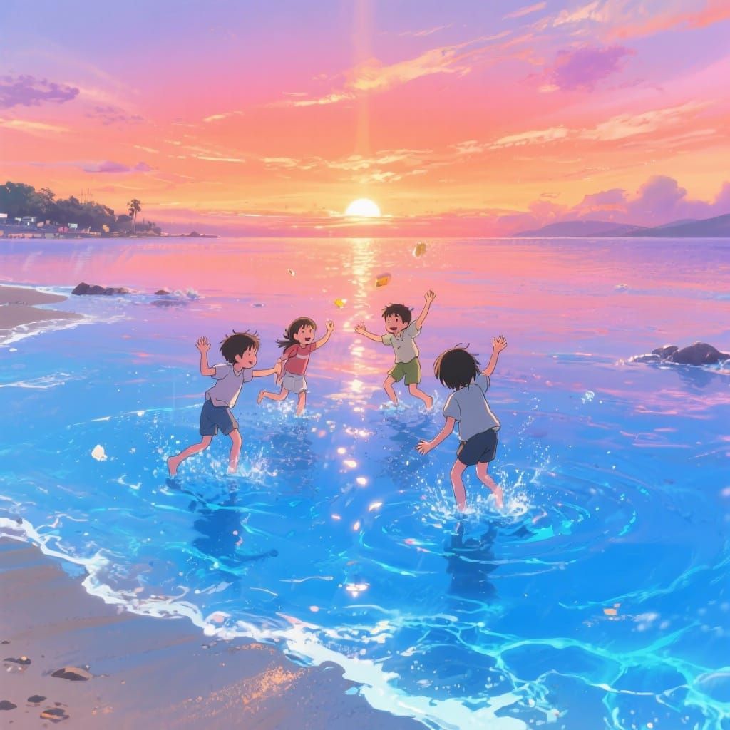 Children Play at Beach Sunset in Makoto Shinkai Anime Style