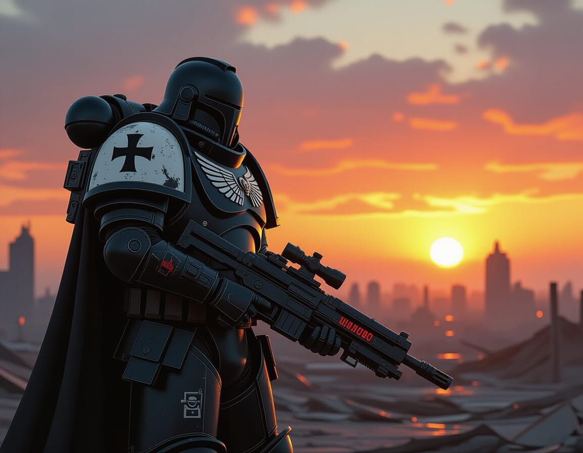 Space Marine in Ruined Cityscape Digital Art