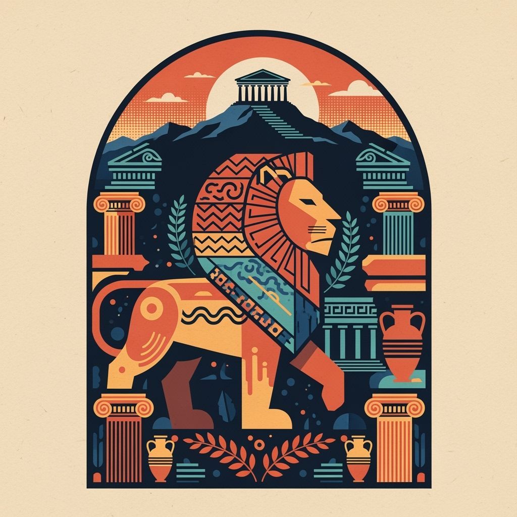 Stylized Lion Poster in Mid-Century Geometric Style