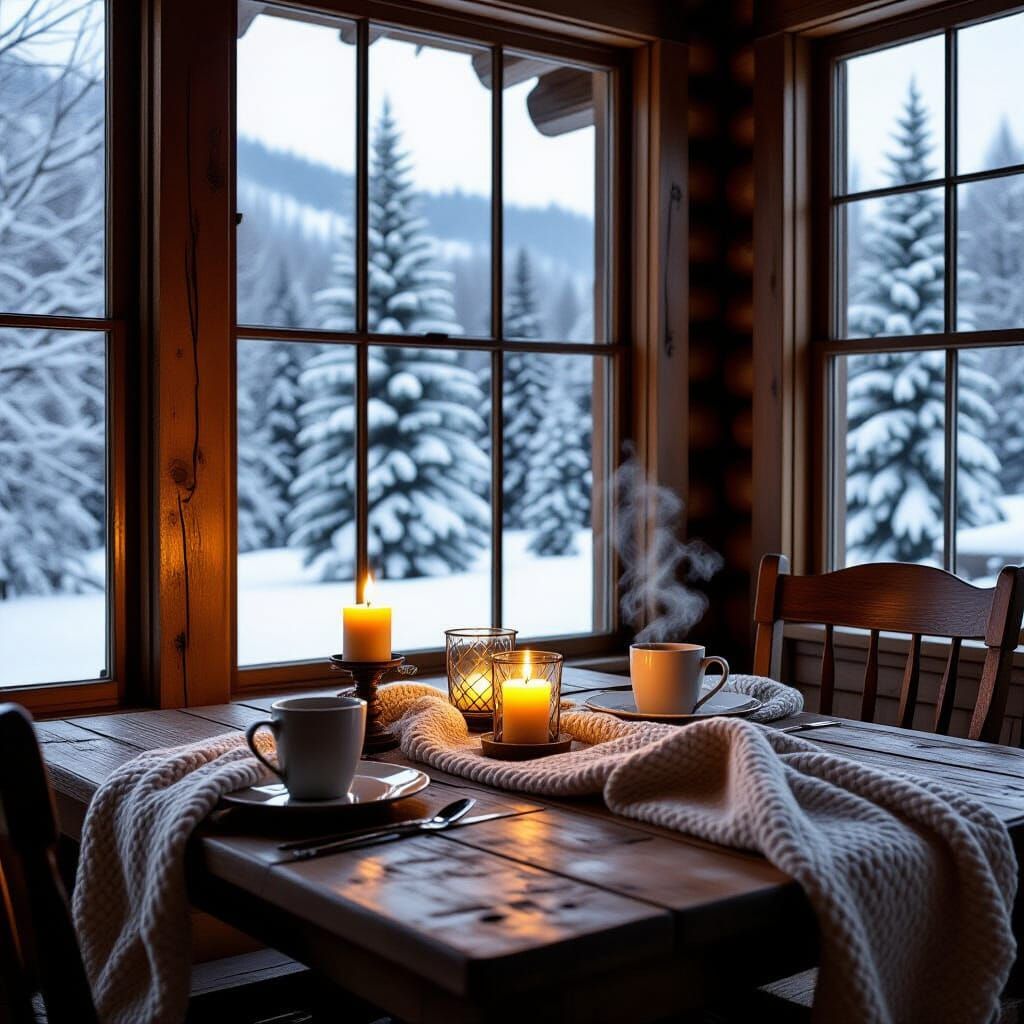 Romantic Cabin Dinner in Winter Landscape