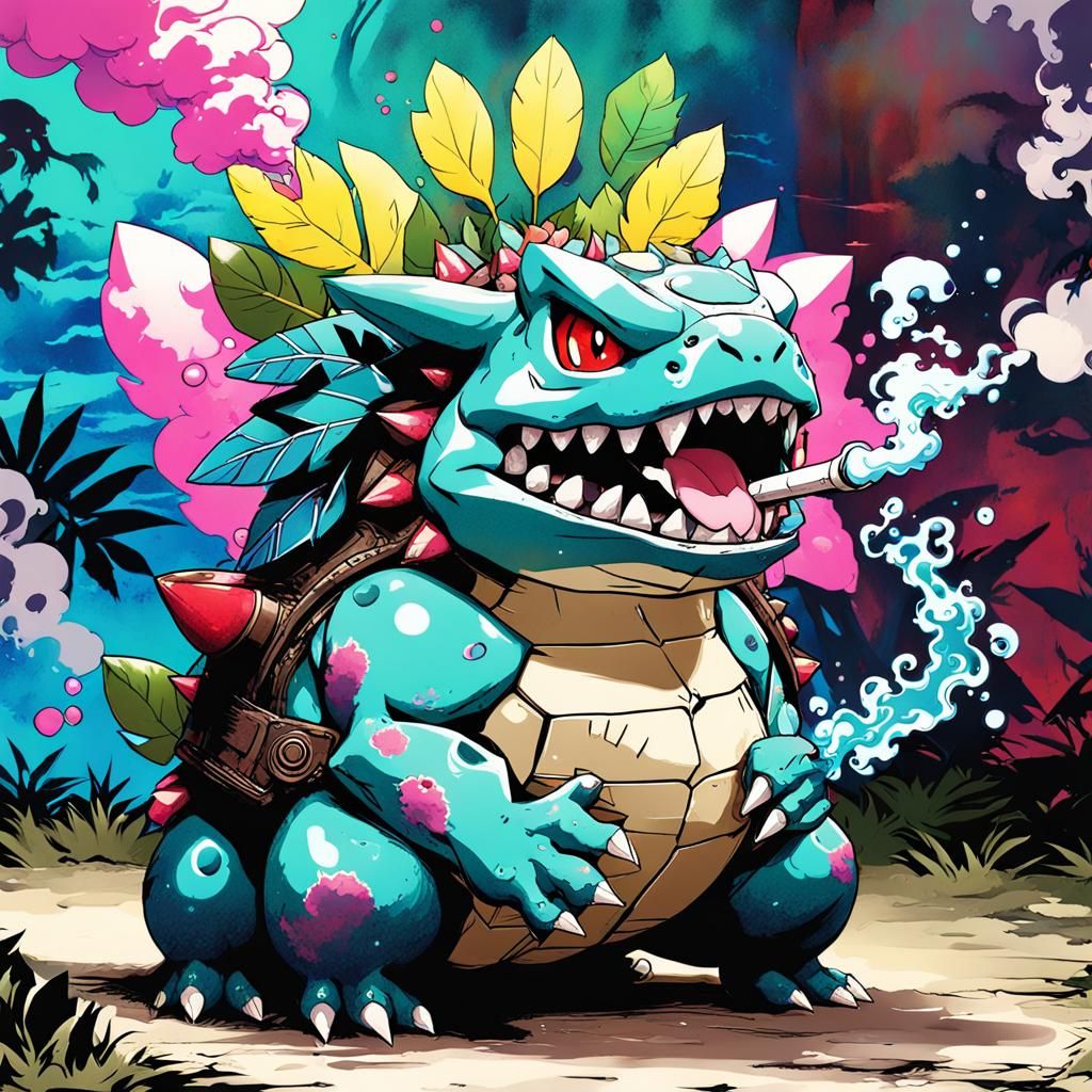 Punk Pop Venusaur Smoking a Pipe in Anime Style