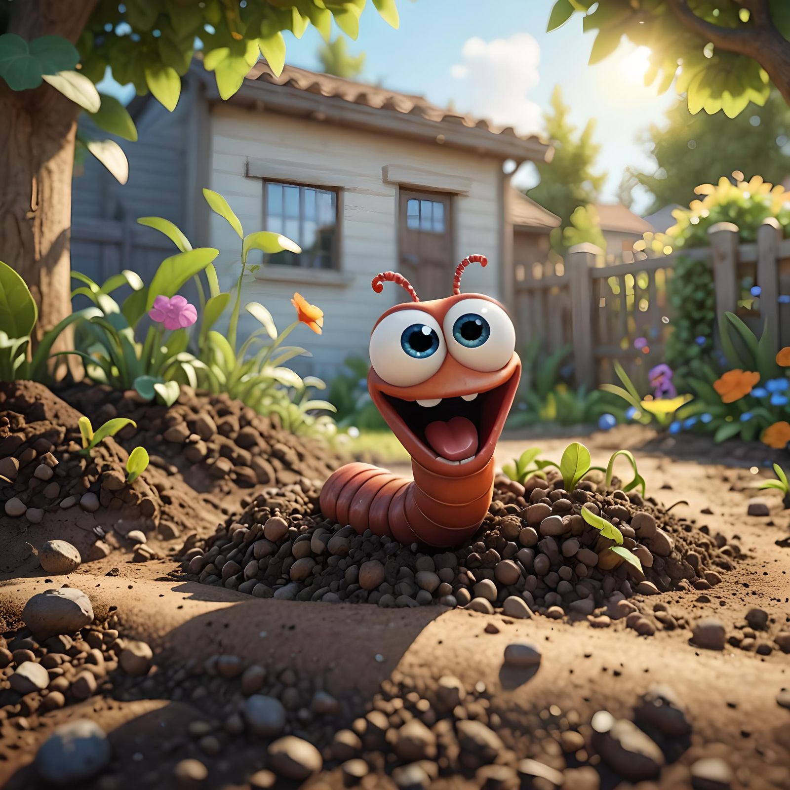 Cute 3D Worm in Sunny Garden