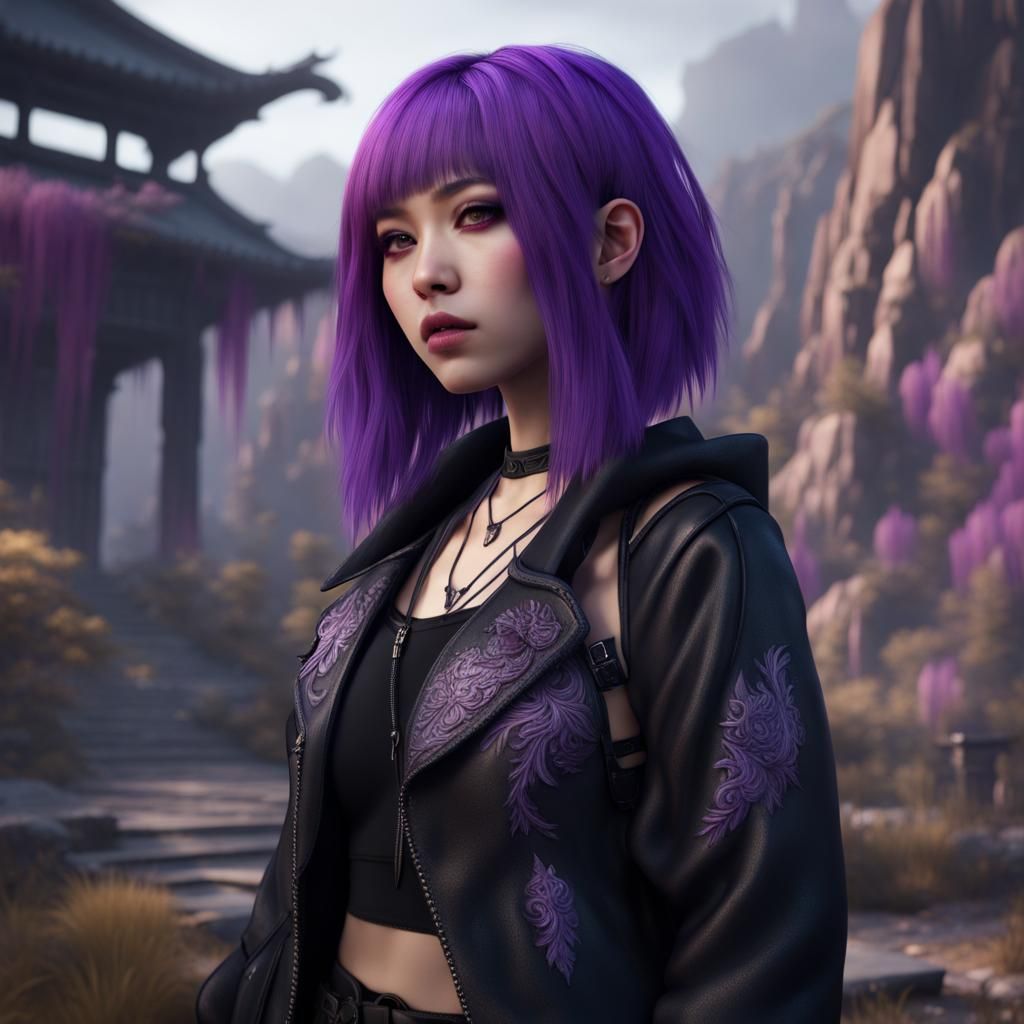 Purple hair girl goth rock half asian teen