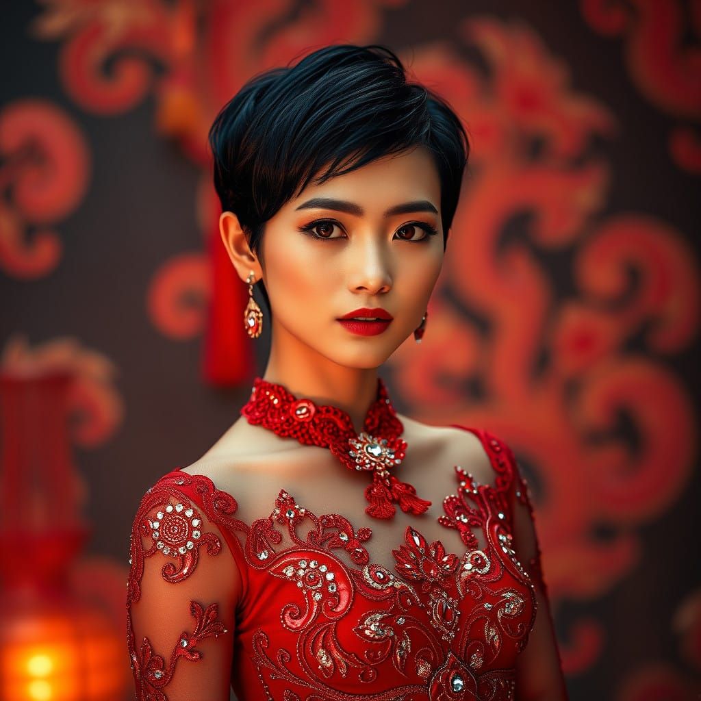 Moon in resplendent red gown.