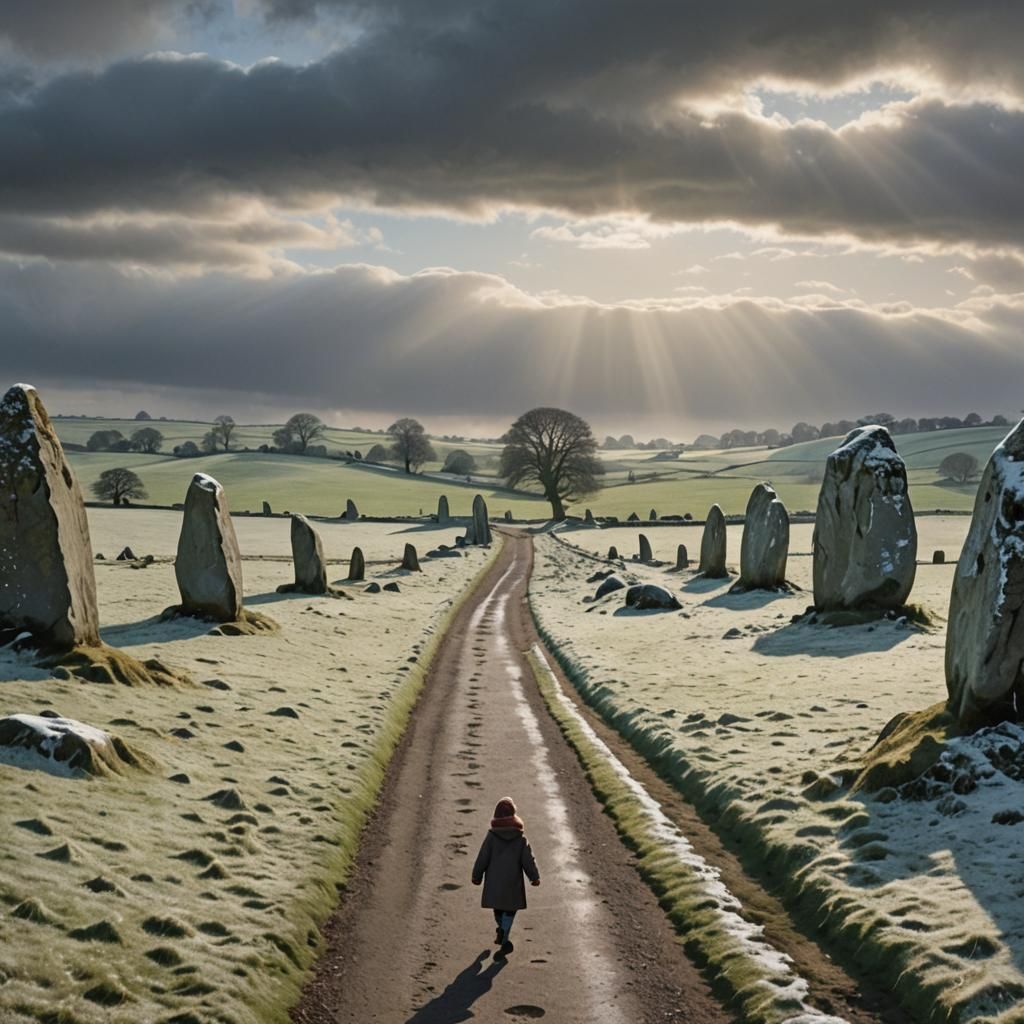 Child Walks to Stone Circle in Winter Sunlight