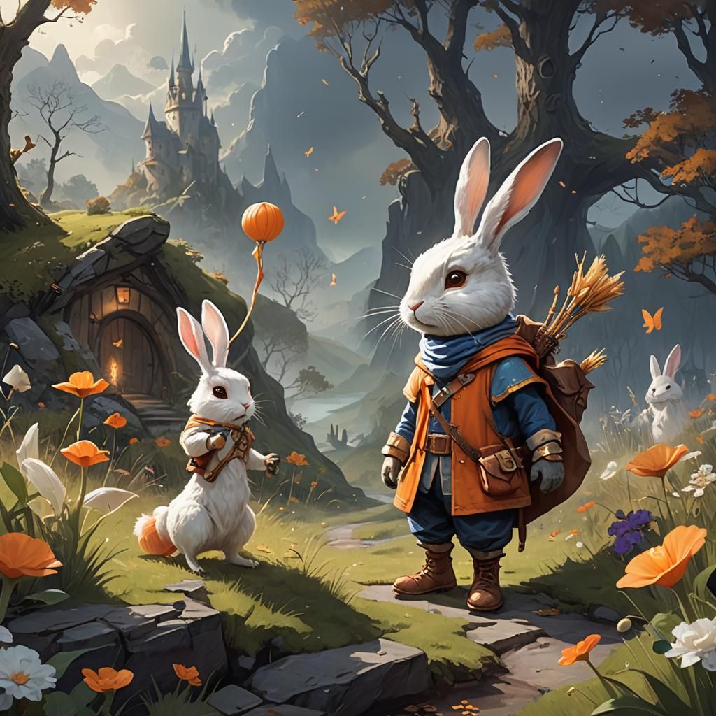 Rabbit Superhero Flute Player in Fairytale Landscape