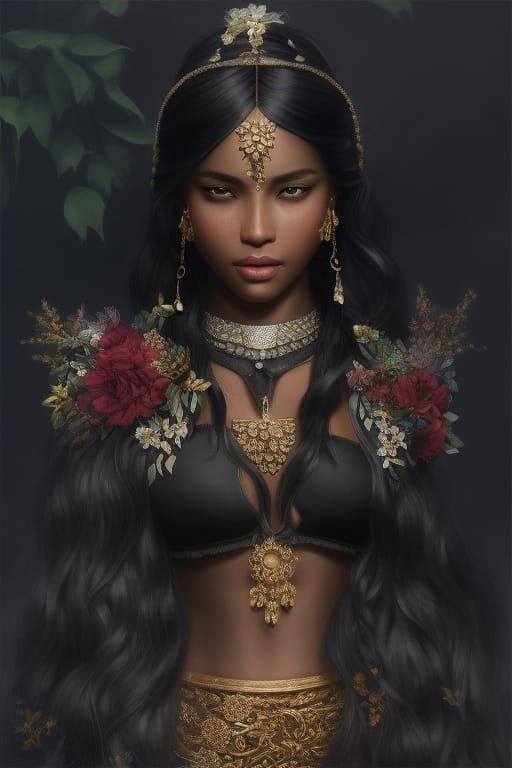 Dark-Skinned Pirate Goddess with Gemstone Jewelry