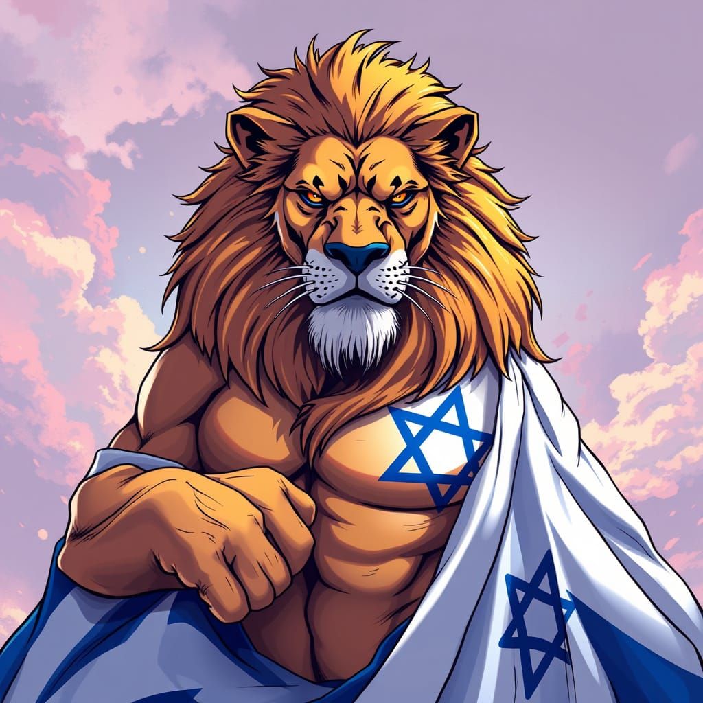 Majestic Lion in Israeli Flag, Anime Key Visual Style
