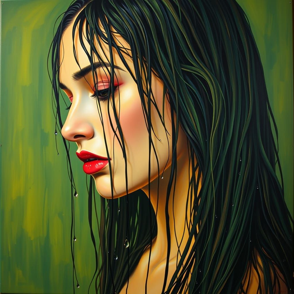 Surreal Woman with Wet Hair in Mandala Pattern