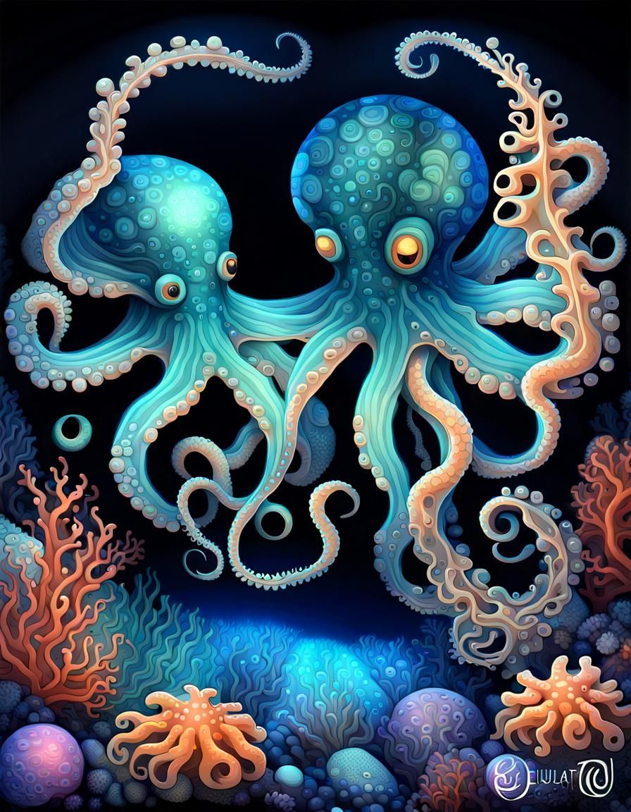 Bioluminescent Chibi Octopus in Coral Reef