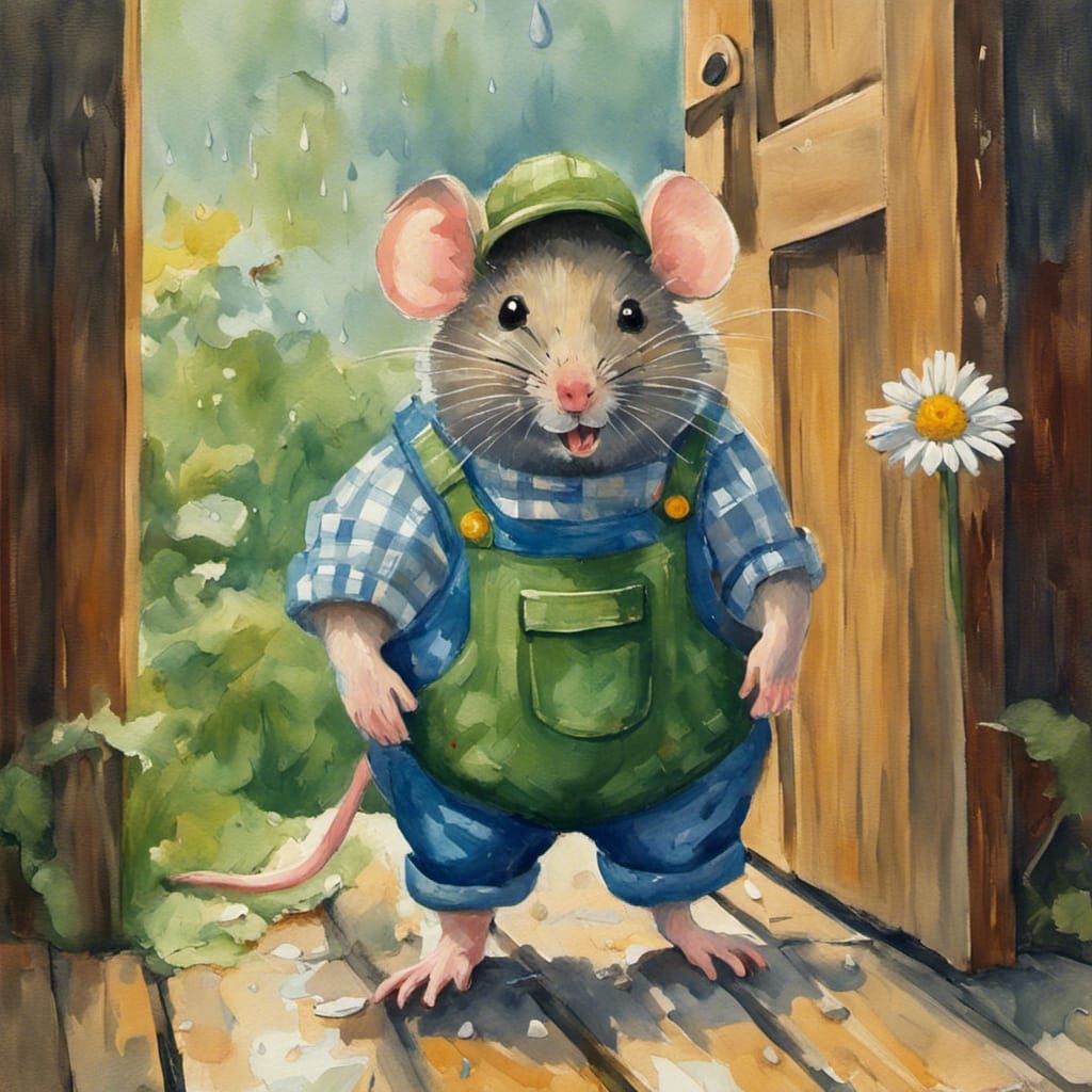 Mouse in Overalls: Gouache Impressionist Country Scene