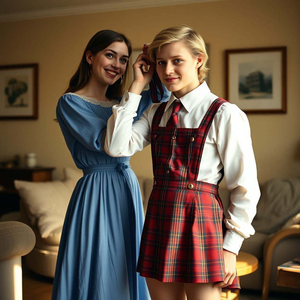 Gentle Moment of Crossdressing Intimacy in a Warm Living Roo...