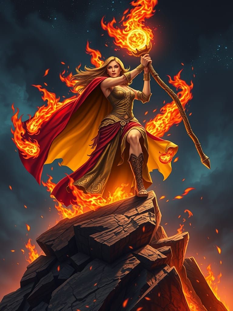 Fierce Fire Sorceress on Rocky Peak