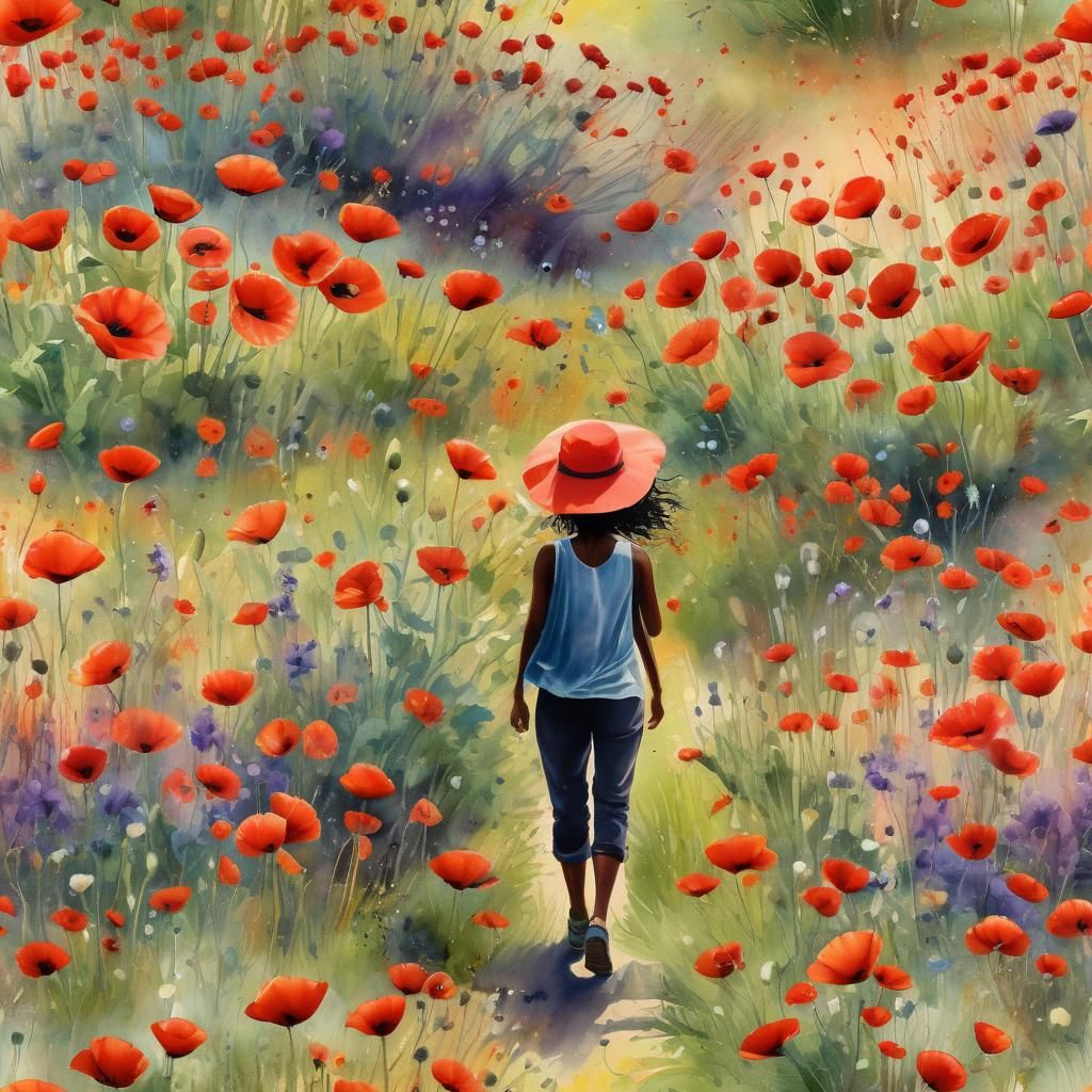 Poppies and Woman in Watercolor Painting