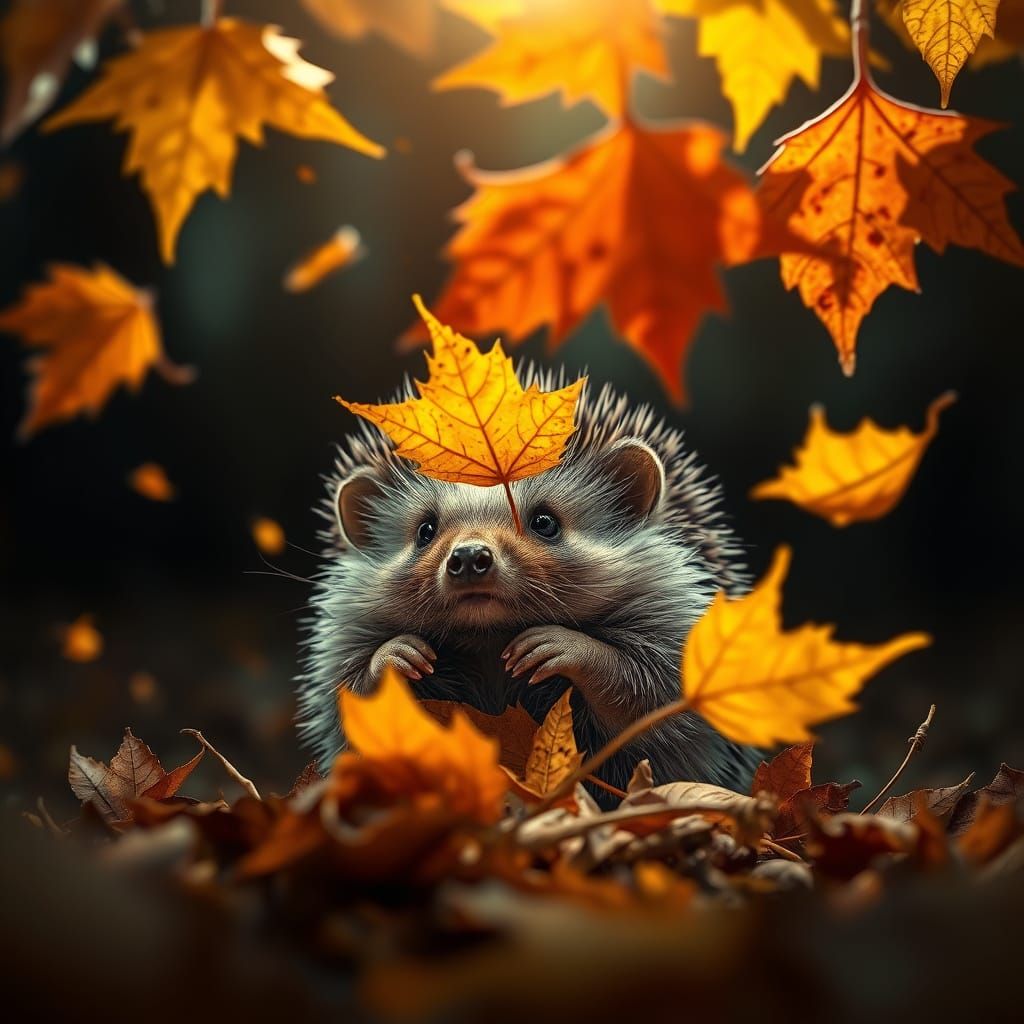 Hedgehog Portrait With Autumn Leaves In Forest