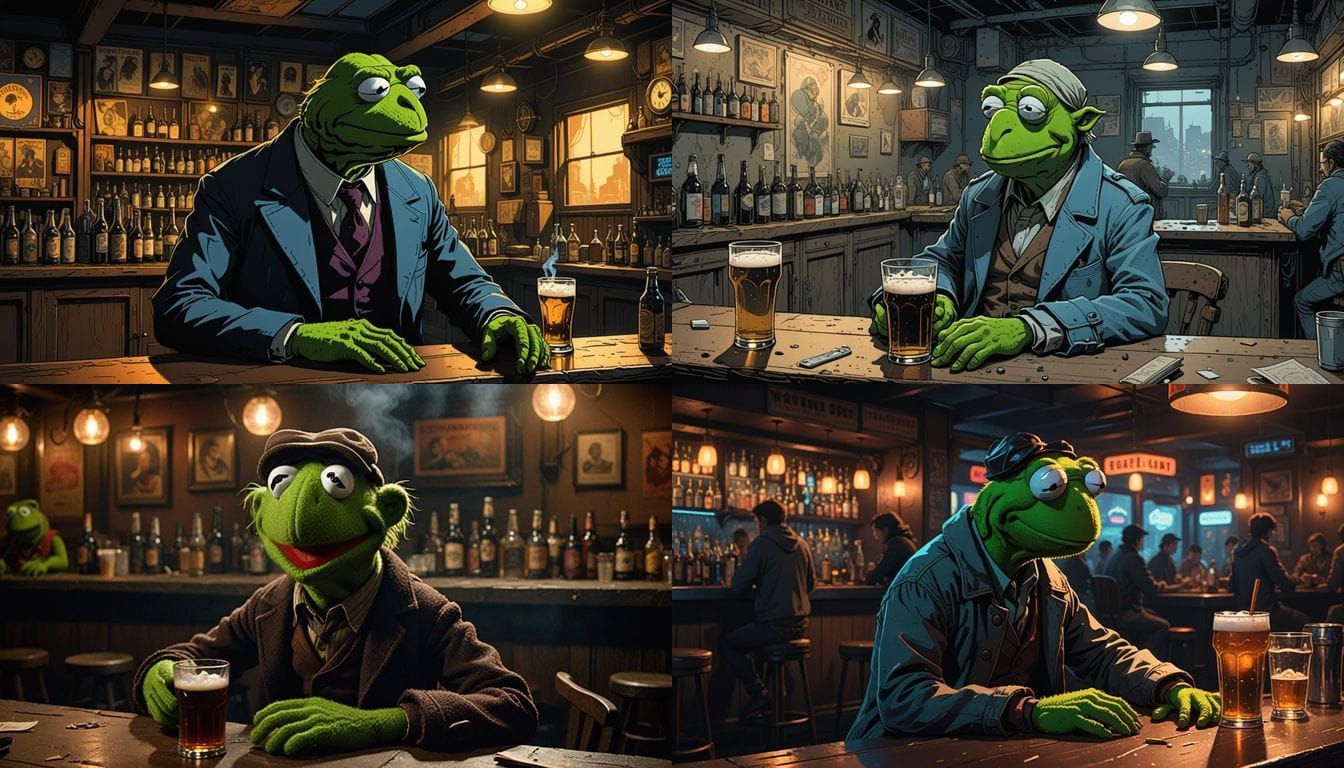 Kermit Muppet in a Smoky Bar, Sipping Craft Beer in Despair