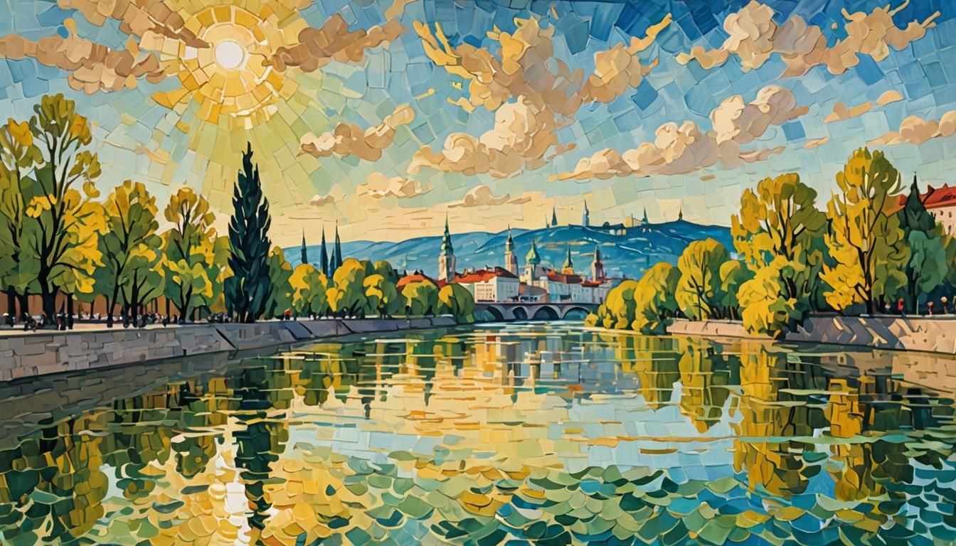 Impressionist River Danube Gouache Painting in Spring