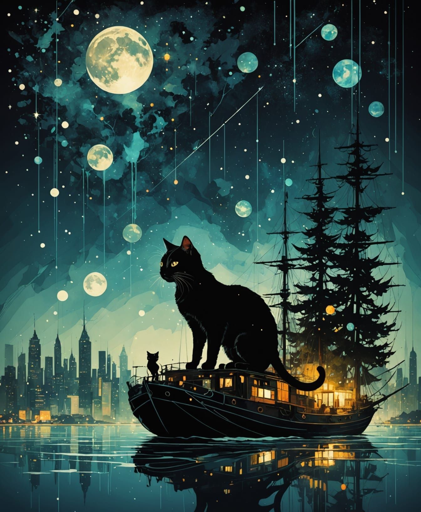 Galactic Kitten in Starry World: Double Exposure Art