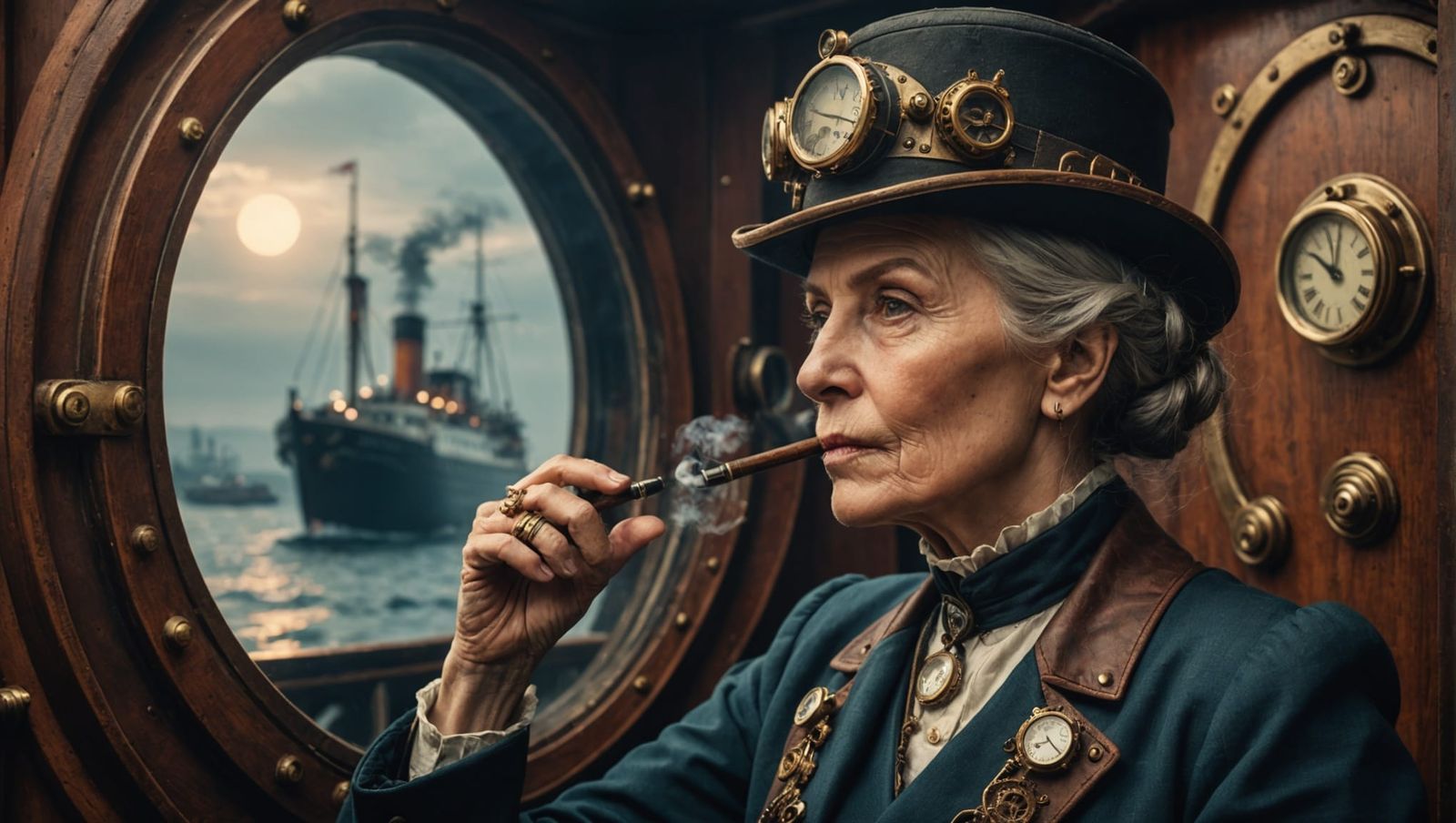 Steampunk Woman Smoking Pipe in Twilight Setting