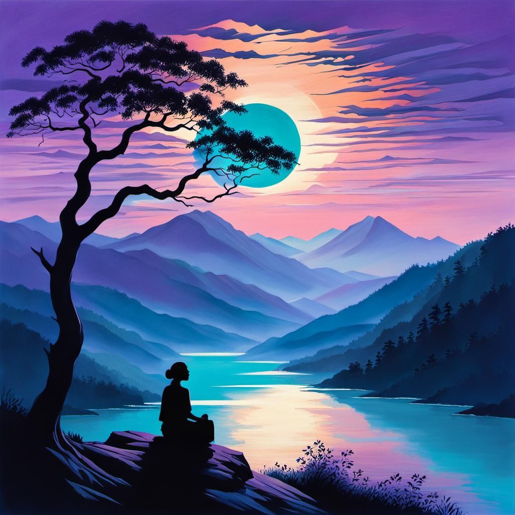 Woman on Moonlit Mountain Peak: Watercolour Landscape