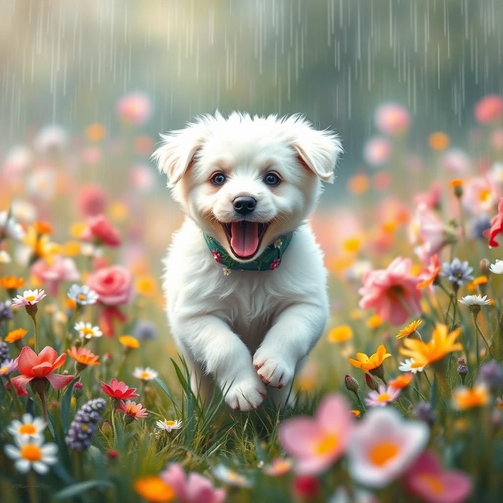 Joyful Puppy Runs Through Floral Meadow: Impressionistic Sty...