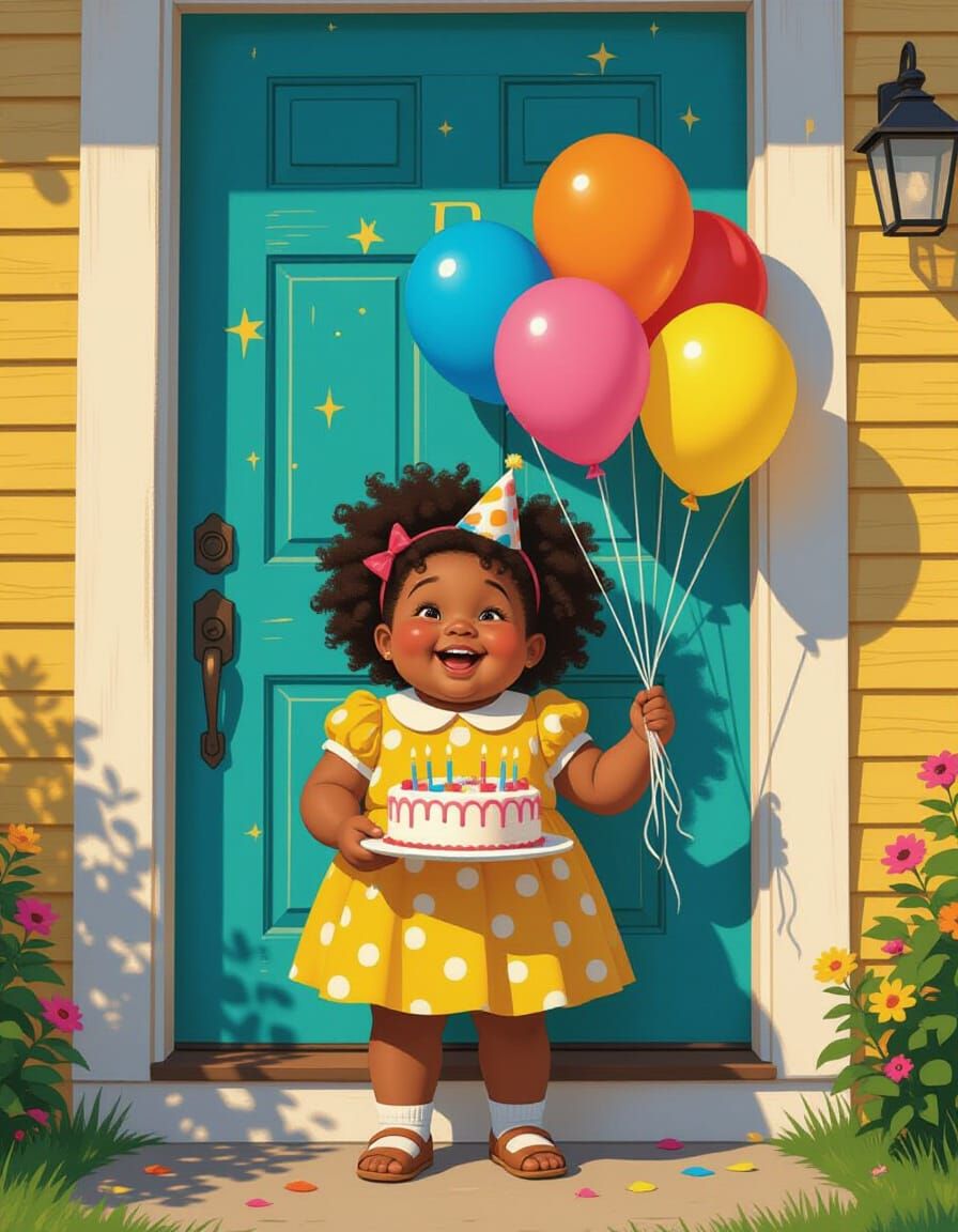 Joyful Girl with Birthday Balloons and Cake