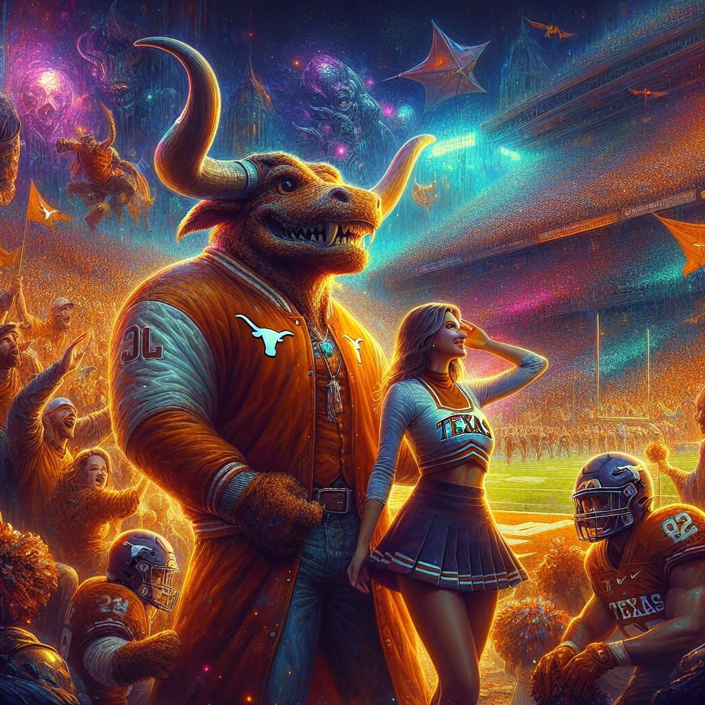 Longhorn Mascot and Cheerleader in Fantasy Football Scene