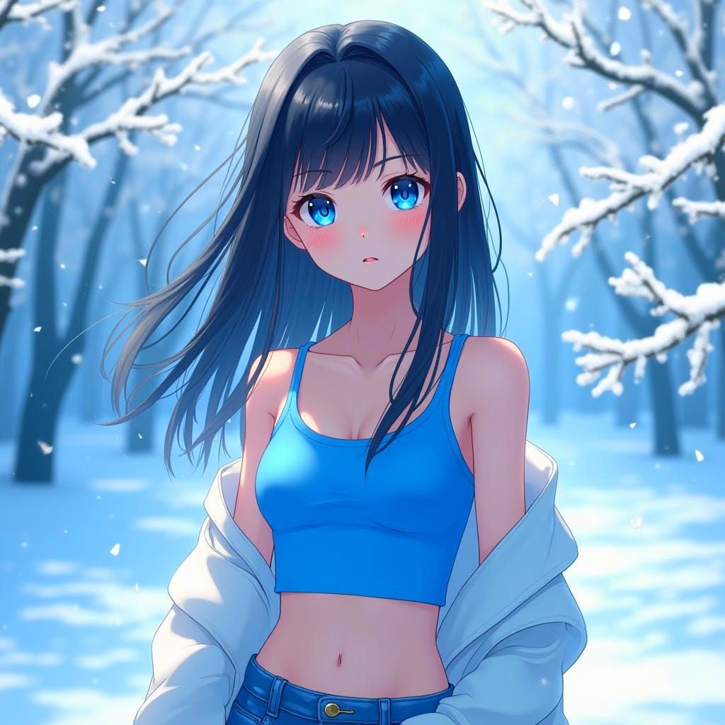 Anime Girl with Snowflakes in 3D Style