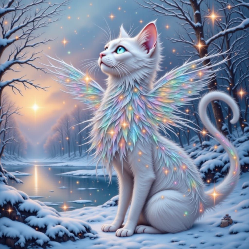 Winter Cat Fairy Goddess with Crystalline Wings
