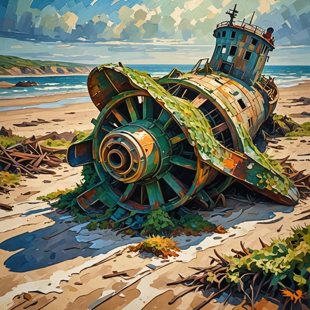 Ship Propeller on Beach in Neo-Impressionist Style