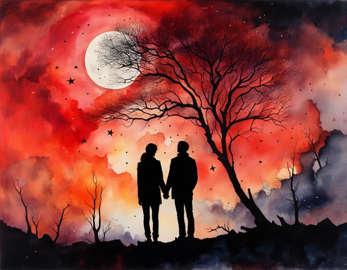 Lovers at Sunset: A Surreal Watercolor Portrait