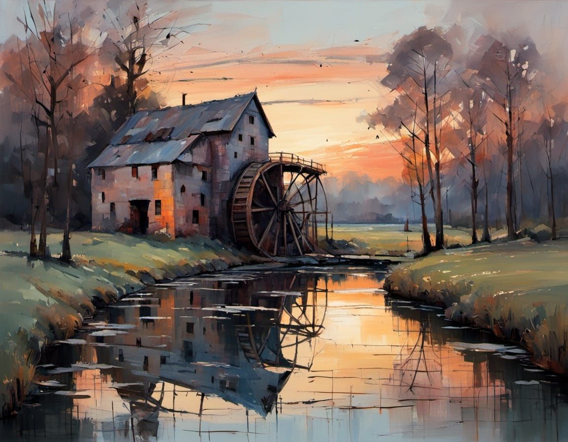 Surreal Watermill Transformed in Soft Evening Light, in a Mu...