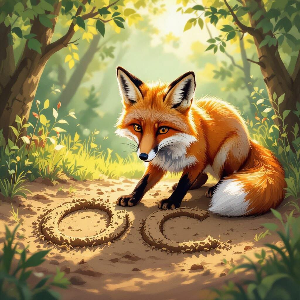 Clever Fox Draws Initials in Sunlit Forest Clearing