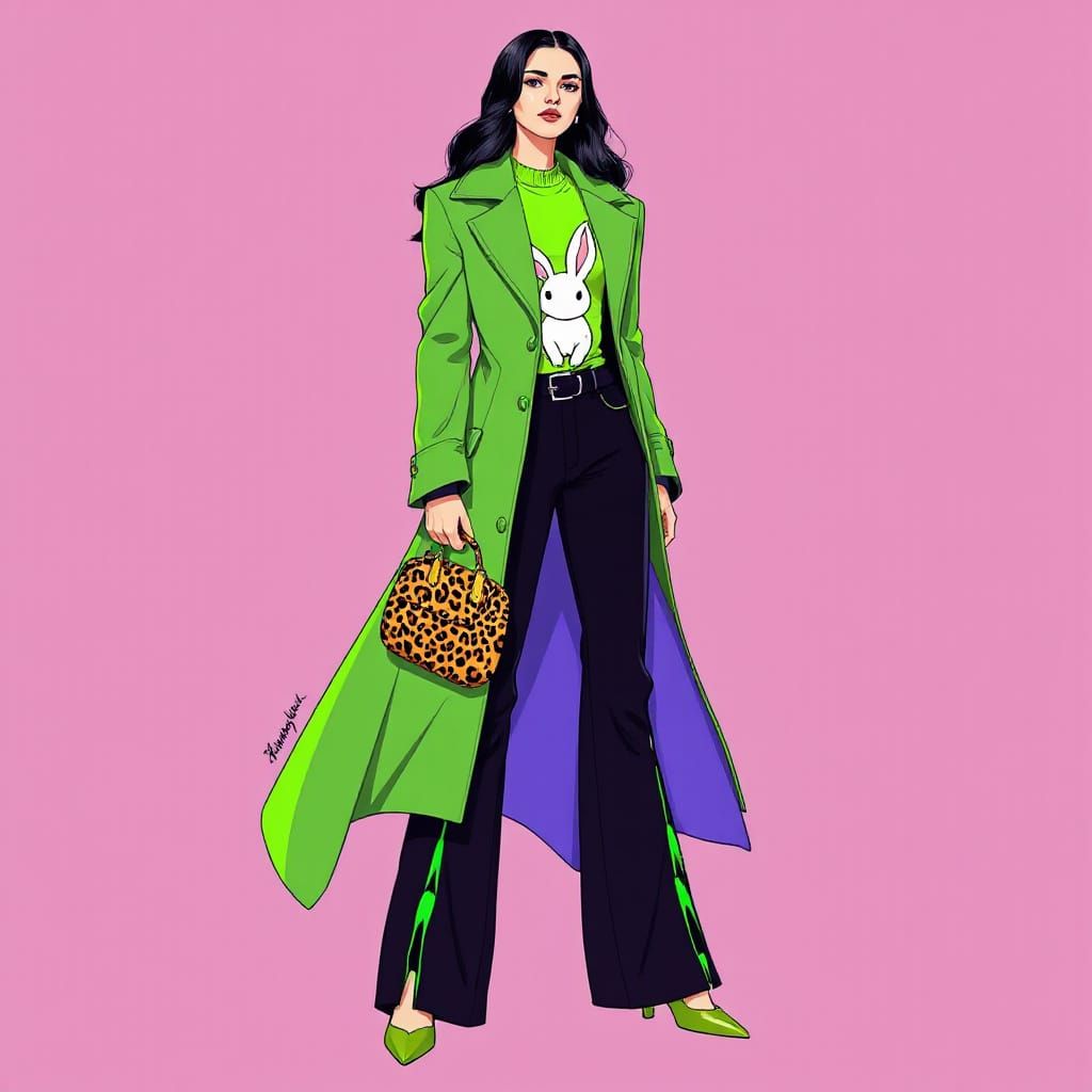 Futuristic Fashion: Green Trench Coat in Neon Style