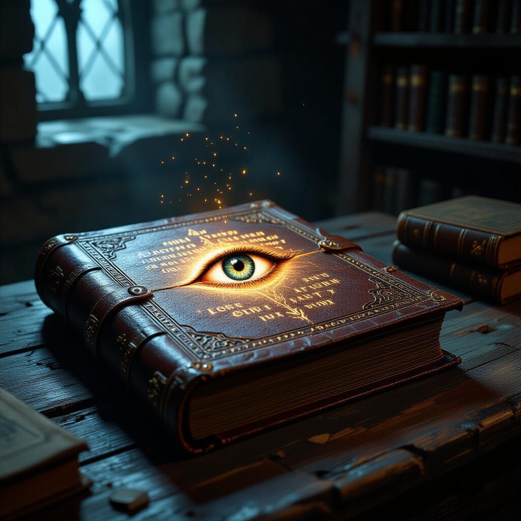 Ancient Grimoire with Glowing Runes and Mystical Eye