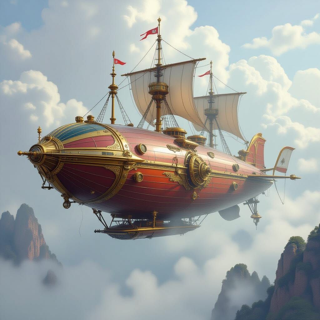 Fantasy Airship Soaring Through Misty Skies